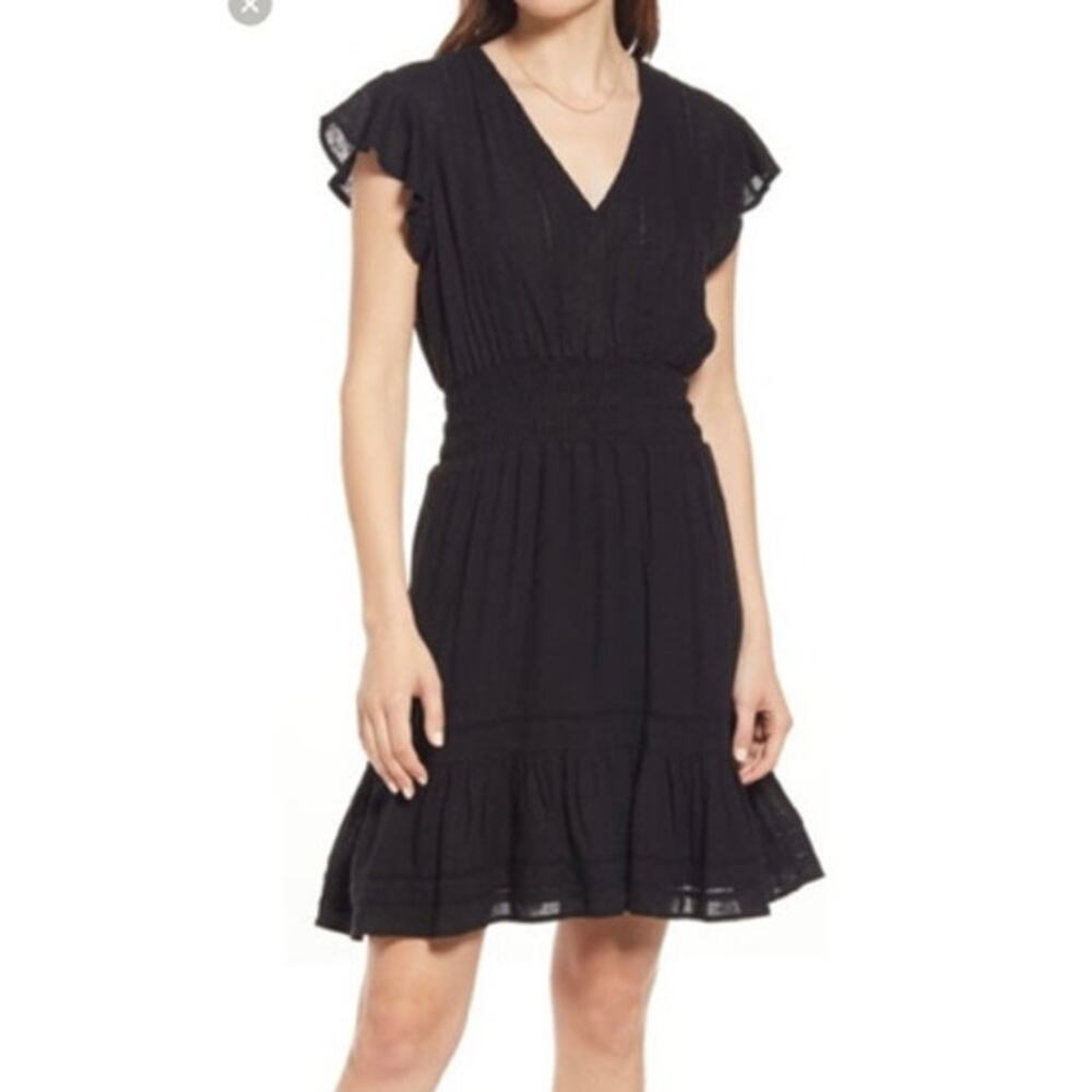 Rails Tara Black Lace Detail Mini Flutter Sleeve Linen Blend Dress Large